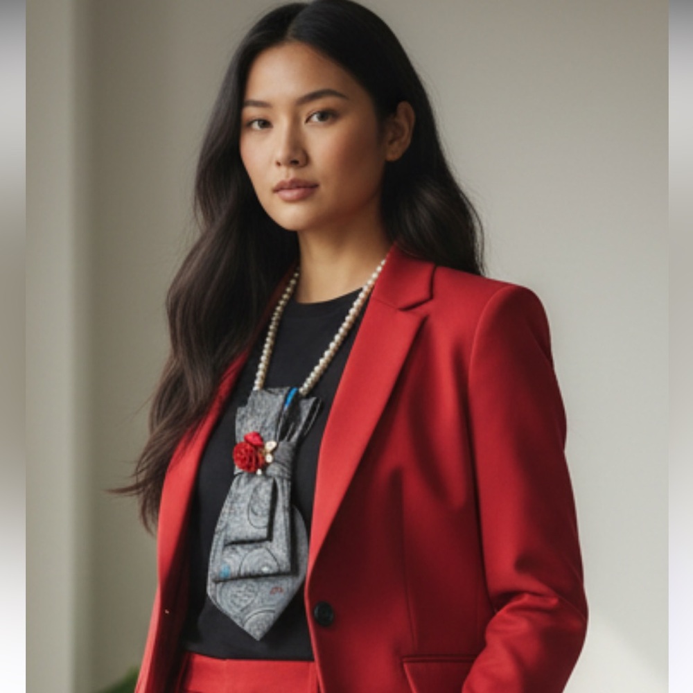 “Dainty Dapper” black design necktie necklace with red rose pin